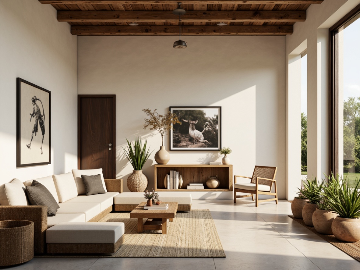 Prompt: Rustic farmhouse, modern streamline accents, creamy white walls, distressed wood beams, polished concrete floors, sleek metal fixtures, minimalist decor, natural linen upholstery, woven wicker furniture, earthy terracotta pots, lush greenery, warm golden lighting, soft focus, shallow depth of field, 1/1 composition, atmospheric perspective, realistic textures, ambient occlusion.