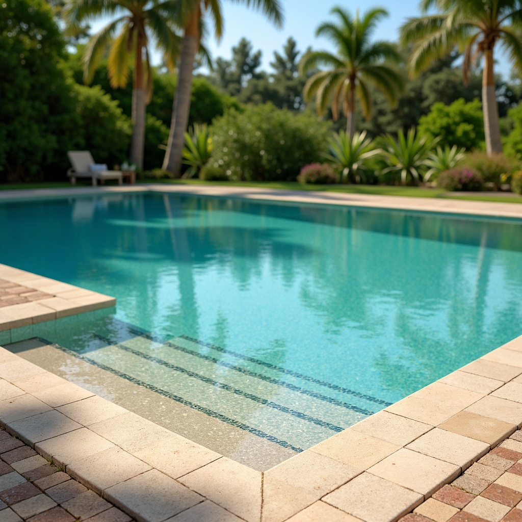 Prompt: Vibrant turquoise pool water, sleek modern coping stones, warm beige deck tiles, lush green surrounding landscape, tropical palm trees, sunny day, soft warm lighting, shallow depth of field, 3/4 composition, panoramic view, realistic textures, ambient occlusion.