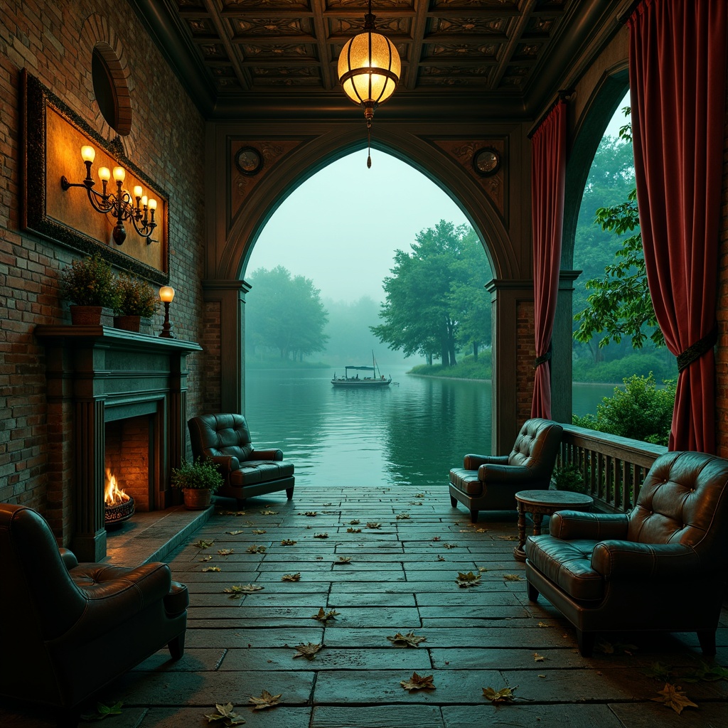 Prompt: Weathered wooden docks, mysterious lake reflections, eerie twilight ambiance, rich velvet drapes, ornate Gothic arches, distressed leather armchairs, vintage nautical artifacts, worn stone fireplaces, moss-covered brick walls, dimly lit candelabras, luxurious emerald green, mystical indigo blue, warm sepia tones, soft golden lighting, 1/2 composition, dramatic shadows, atmospheric fog effects.