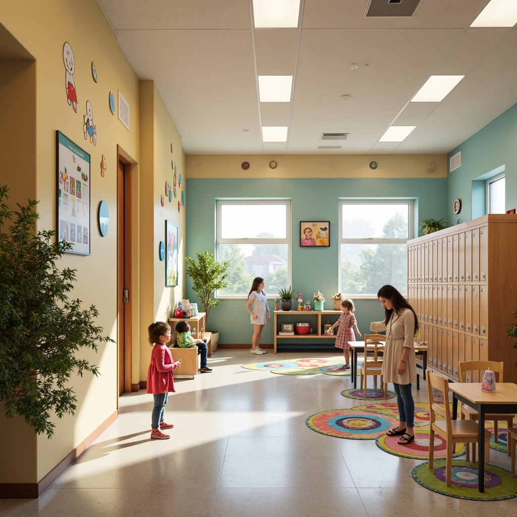 Prompt: Vibrant elementary school, playful corridors, cheerful classrooms, soft pastel colors, warm beige walls, calming blue accents, energetic yellow highlights, natural wood tones, gentle greenery, whimsical illustrations, educational graphics, colorful lockers, lively patterned rugs, stimulating learning environments, abundant natural light, comfortable seating areas, inviting reading nooks, collaborative workspaces, modern amenities, airy open spaces, joyful atmosphere, softbox lighting, 1/1 composition, realistic textures.