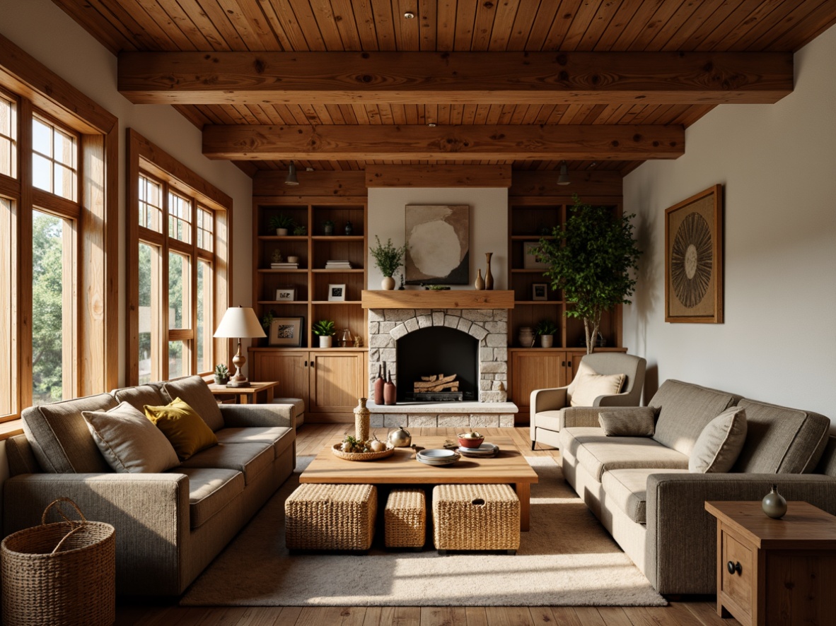 Prompt: Cozy living room, exposed wooden beams, rustic charm, natural textures, earthy tones, warm lighting, plush furnishings, comfortable seating, wooden coffee tables, woven baskets, vintage decorative items, traditional craftsman architecture, pitched rooflines, rectangular windows, stone fireplace, warm neutral colors, soft shadows, shallow depth of field, 2/3 composition, inviting atmosphere.