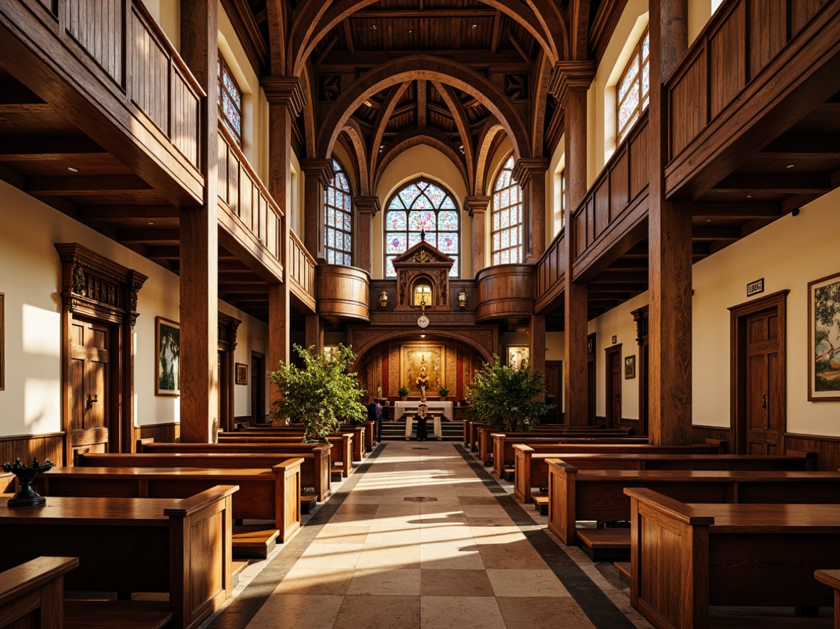 Prompt: Intricate wooden carvings, ornate pulpits, stained glass windows, vaulted ceilings, grandiose altarpieces, rustic wooden pews, handcrafted lecterns, carved wooden doors, metalware accents, traditional craftsmanship, warm golden lighting, soft natural textures, earthy color palette, symmetrical composition, 1/1 aspect ratio, realistic wood grain details.