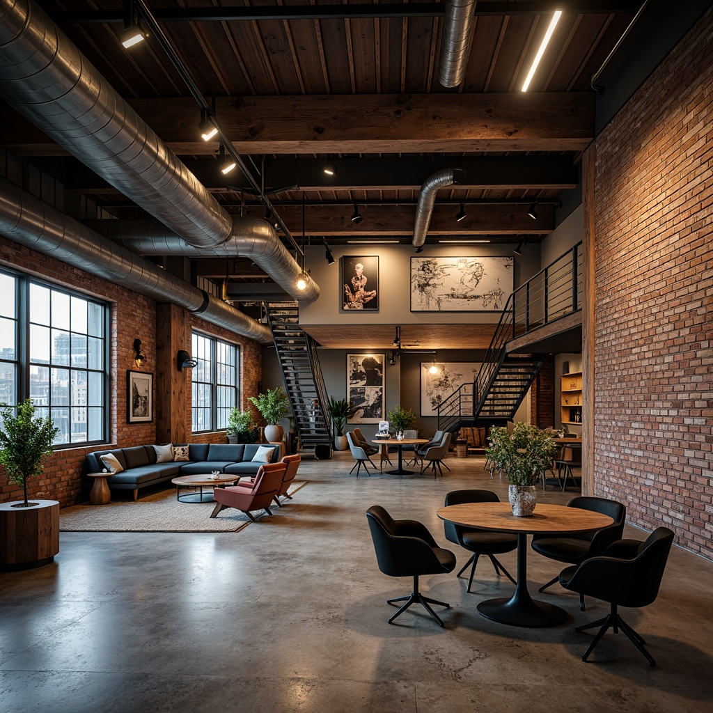 Prompt: Exposed brick walls, metal beams, industrial lighting fixtures, reclaimed wood accents, urban loft atmosphere, distressed concrete floors, metallic staircases, functional pipes, modern minimalist decor, neutral color palette, high ceilings, open floor plans, eclectic decorative items, edgy architectural details, dynamic shadows, dramatic contrast, gritty textures, moody atmospheric lighting, 3/4 composition, shallow depth of field.