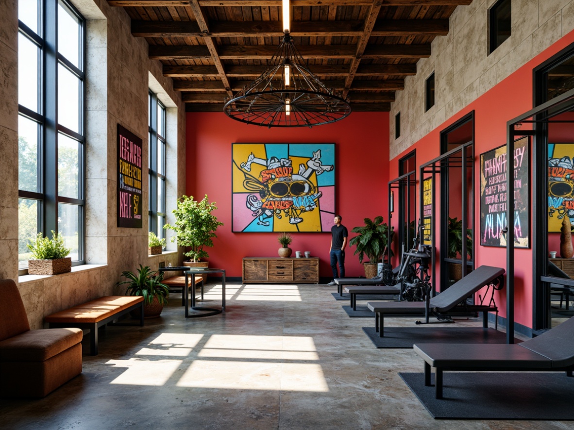 Prompt: Vibrant home gym, bold color scheme, eclectic artwork, industrial metal beams, reclaimed wood accents, distressed concrete floors, statement lighting fixtures, geometric patterns, abstract sculptures, dynamic mirrors, motivational quotes, state-of-the-art exercise equipment, sleek steel frames, neon signs, urban loft atmosphere, high ceilings, natural light pouring in, shallow depth of field, 1/2 composition, softbox lighting, realistic textures, ambient occlusion.