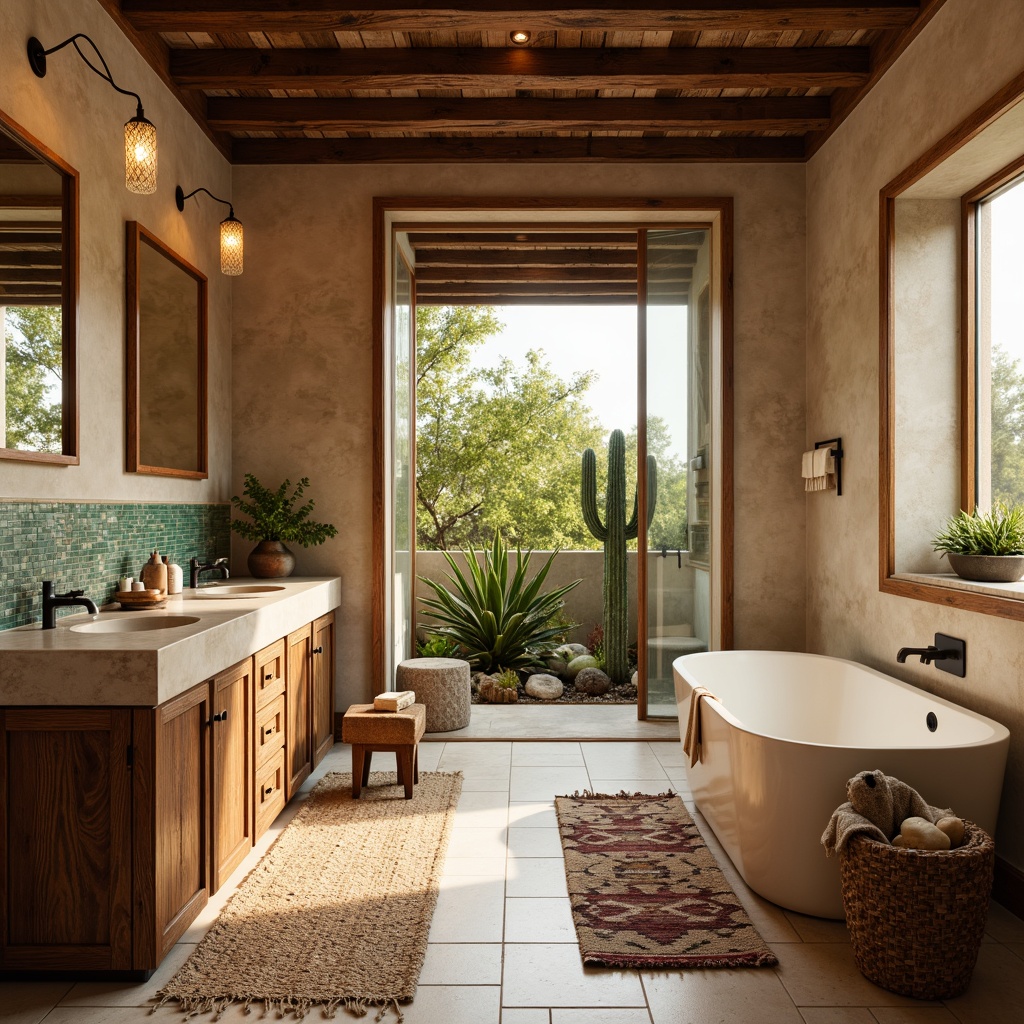 Prompt: \Rustic southwestern bathroom, natural stone countertops, reclaimed wood cabinetry, earthy tone finishes, woven textiles, tribal patterned rugs, warm beige walls, copper accents, pendant lighting fixtures, spa-like ambiance, freestanding tubs, rain showerheads, desert-inspired botanicals, cacti decor, turquoise glass tiles, warm golden lighting, shallow depth of field, 1/2 composition, realistic wood grain textures, ambient occlusion.\