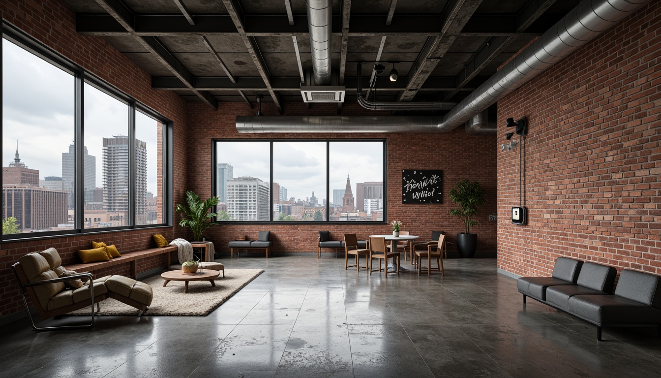 Prompt: Exposed brick walls, industrial pipes, metal beams, concrete floors, minimalist decor, functional furniture, geometric shapes, primary color scheme, bold typography, urban cityscape, cloudy day, dramatic shadows, high contrast lighting, 1/1 composition, symmetrical framing, abstract textures, atmospheric fog.Let me know if you need any adjustments!