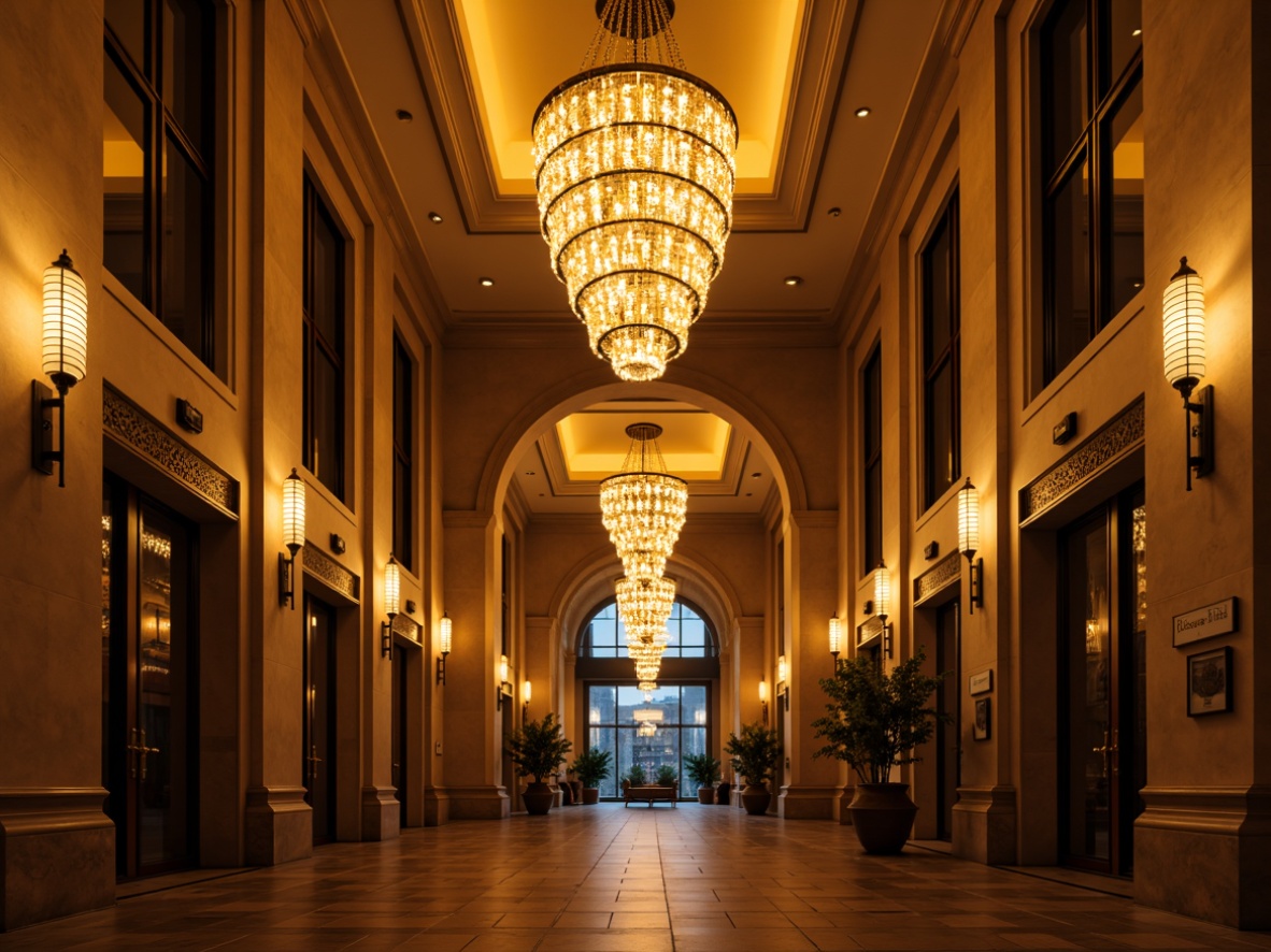 Prompt: Grand entrance, luxurious chandelier, warm golden lighting, LED strip lights, modern lanterns, stylish sconces, elegant archways, ornate doorframes, polished metal hardware, inviting atmosphere, soft warm glow, shallow depth of field, 1/2 composition, realistic textures, ambient occlusion.