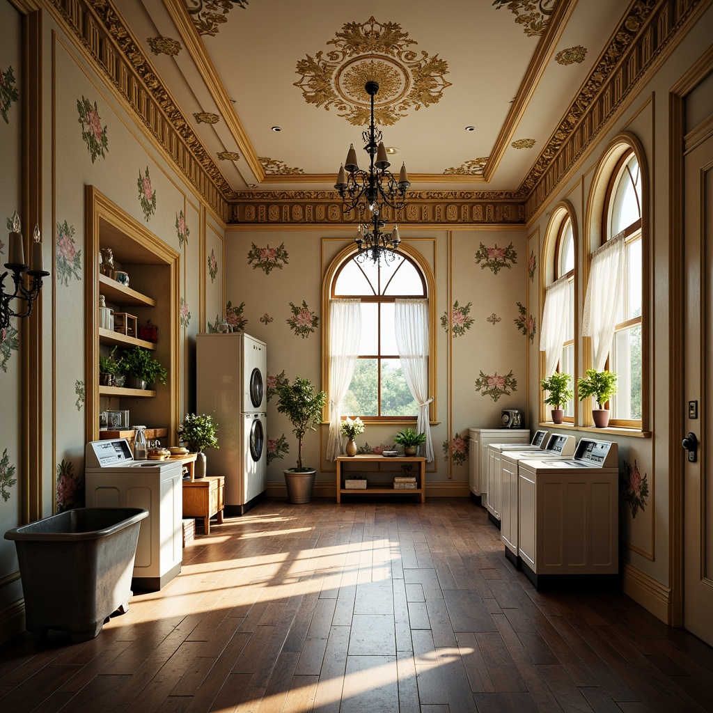 Prompt: Ornate Victorian laundry room, decorative moldings, intricate plasterwork, soft pastel colors, ornamental wallpaper, elegant chandeliers, polished wooden floors, vintage washing machines, distressed metal tubs, floral patterns, lace curtains, natural stone walls, arched windows, warm golden lighting, shallow depth of field, 1/1 composition, realistic textures, ambient occlusion.