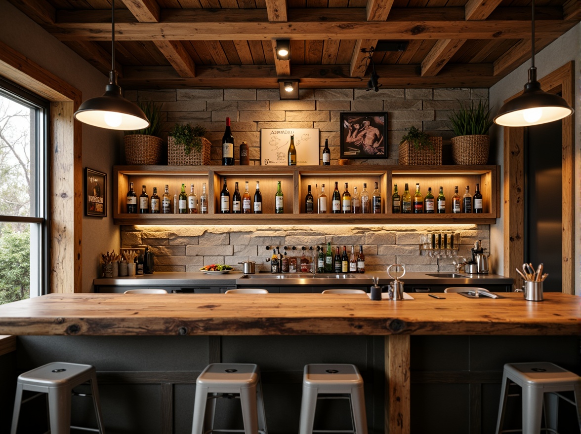 Prompt: \Rustic home bar, wooden countertop, live edge slab, natural stone backsplash, earthy tone color palette, industrial metal stools, pendant lighting fixtures, reclaimed wood shelves, woven wicker baskets, vintage beer signs, warm cozy ambiance, soft golden lighting, shallow depth of field, 1/1 composition, realistic textures, ambient occlusion.\