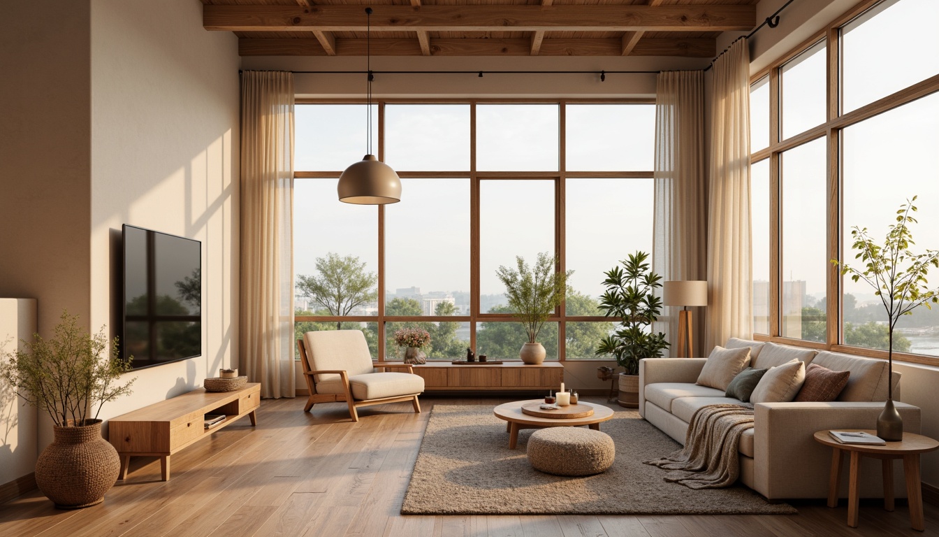 Prompt: Cozy Scandinavian living room, warm wooden accents, soft pastel colors, minimalist decor, floor-to-ceiling windows, sheer curtains, diffused natural light, table lamps, pendant lights, candles, warm beige walls, oak flooring, woven textiles, comfortable sofas, Nordic-inspired patterns, subtle wood grain textures, warm ambient glow, 1/1 composition, shallow depth of field, realistic lighting effects.