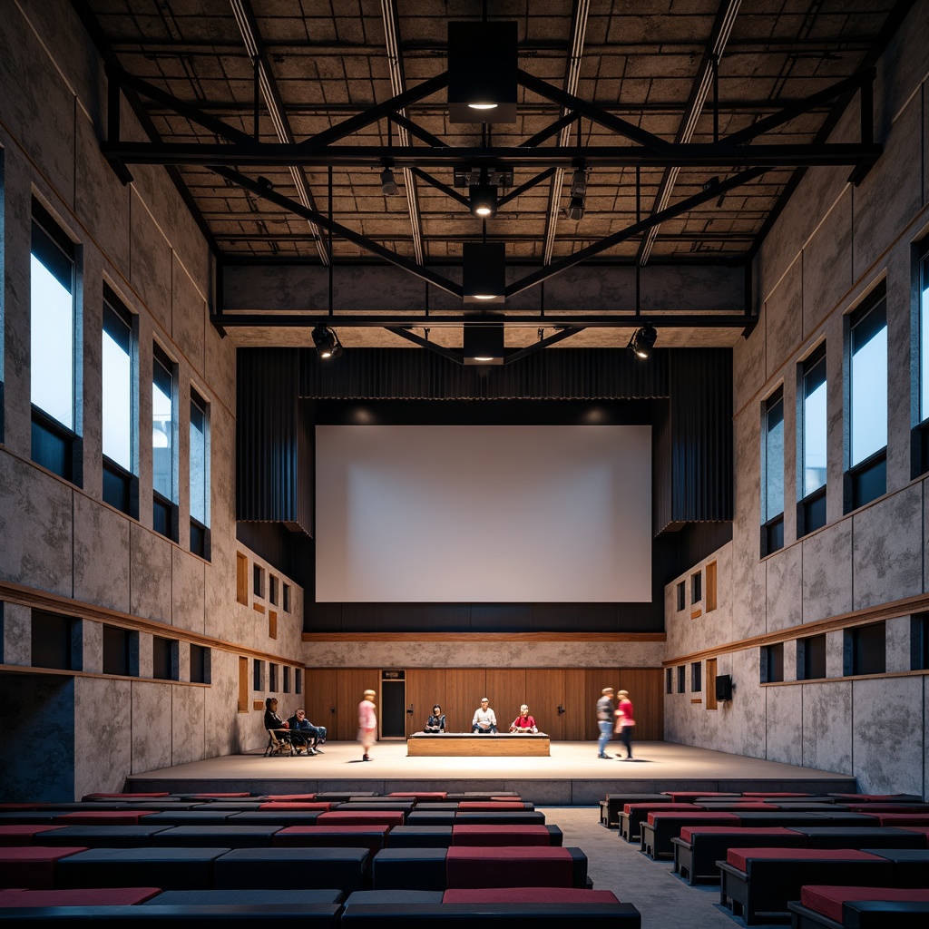 Prompt: Industrial-chic theater interior, exposed concrete walls, minimalist stage design, geometric-shaped lighting fixtures, bold color accents, functionalist architecture, sleek metal railings, minimalist audience seating, avant-garde performance atmosphere, high-contrast dramatic lighting, sharp shadows, 1/1 composition, low-key sidelight, dynamic spotlights, abstract geometric patterns, brutalist concrete textures, modernist architectural details, urban industrial ambiance.