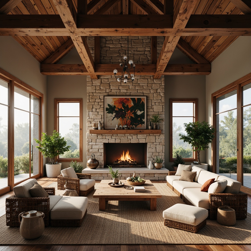 Prompt: Cozy great room, rustic wooden beams, natural stone fireplace, plush area rug, woven wicker furniture, earthy color palette, warm ambient lighting, organic shapes, botanical elements, potted plants, reclaimed wood accents, linen upholstery, soft suede textures, minimal ornamentation, open-plan layout, floor-to-ceiling windows, panoramic views, misty morning light, shallow depth of field, 1/1 composition, realistic rendering.