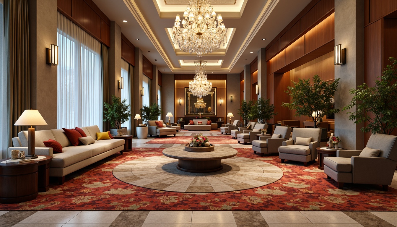 Prompt: Luxurious hotel lobby, elegant chandeliers, polished marble floors, plush sofas, velvety carpets, soft cushions, rich wood accents, sophisticated drapery, vibrant patterned rugs, comfortable bedding, upscale upholstery fabrics, natural fiber textiles, durable synthetic materials, stain-resistant treatments, acoustic soundproofing, thermal insulation, subtle sheen finishes, 3D woven patterns, nature-inspired motifs, warm ambient lighting, inviting atmosphere.