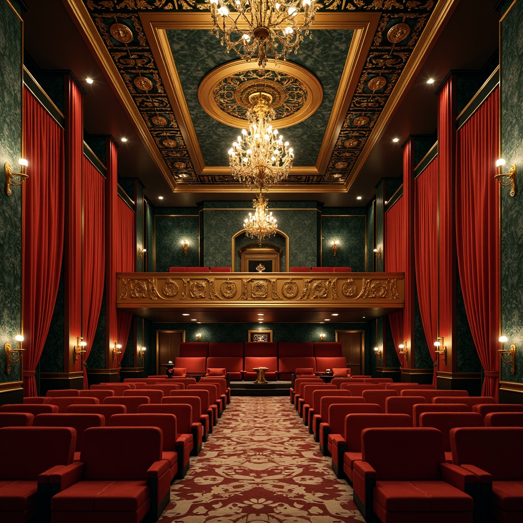 Prompt: Luxurious cinema interior, art deco patterned walls, rich velvet curtains, golden metallic accents, ornate chandeliers, deep crimson reds, lavish emerald greens, sophisticated navy blues, glamorous champagne golds, opulent cream whites, intricate geometric patterns, ornamental metalwork, lavish furnishings, soft warm lighting, shallow depth of field, 3/4 composition, cinematic atmosphere.