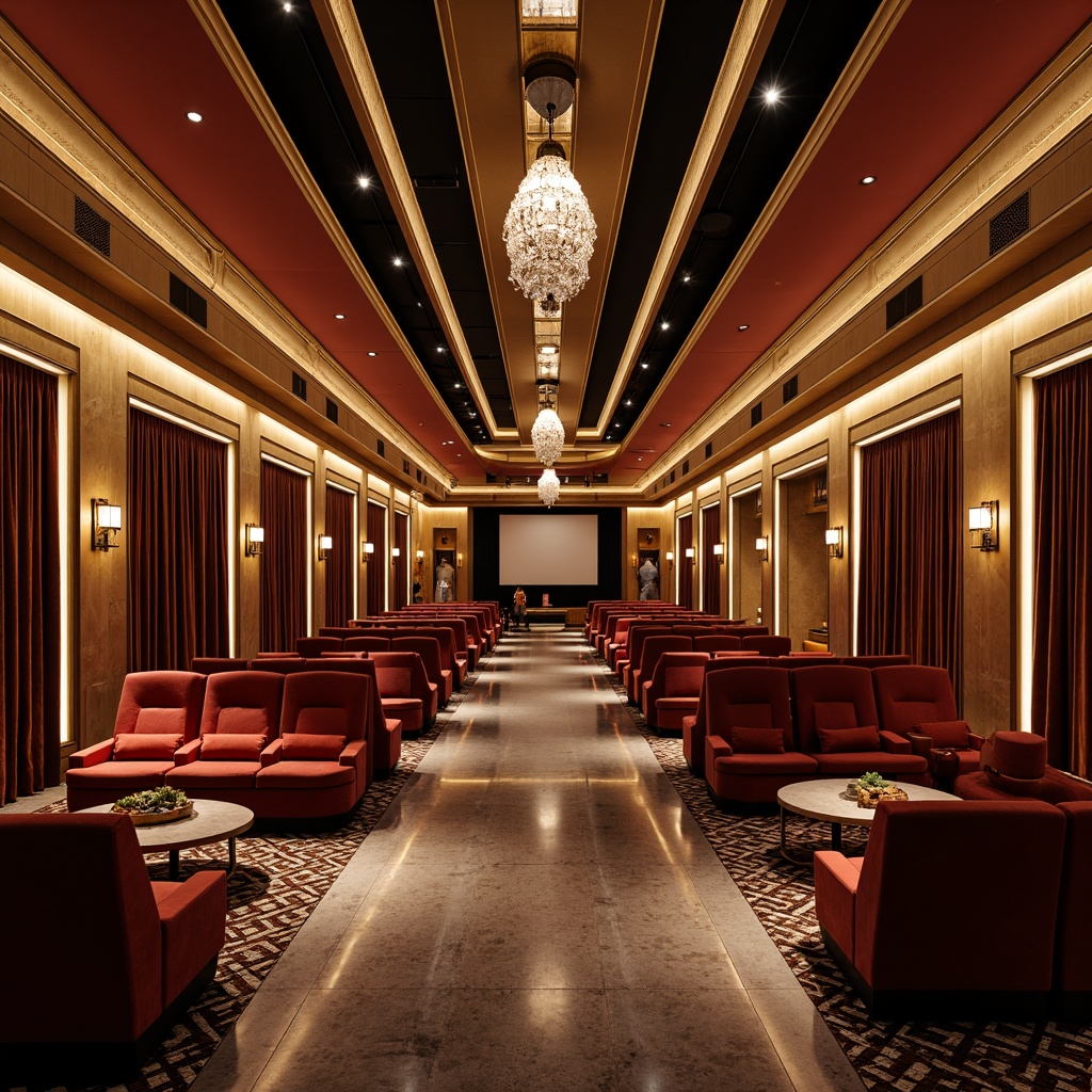 Prompt: Luxurious cinema interior, ornate gold accents, curved lines, geometric patterns, velvet drapes, rich wood tones, metallic finishes, plush armchairs, tufted sofas, marble floors, crystal chandeliers, dramatic spotlights, cinematic screens, Deco-inspired furniture legs, rounded shapes, bold color schemes, opulent fabrics, intricate moldings, sophisticated ambiance, warm golden lighting, shallow depth of field, 1/1 composition, realistic reflections.