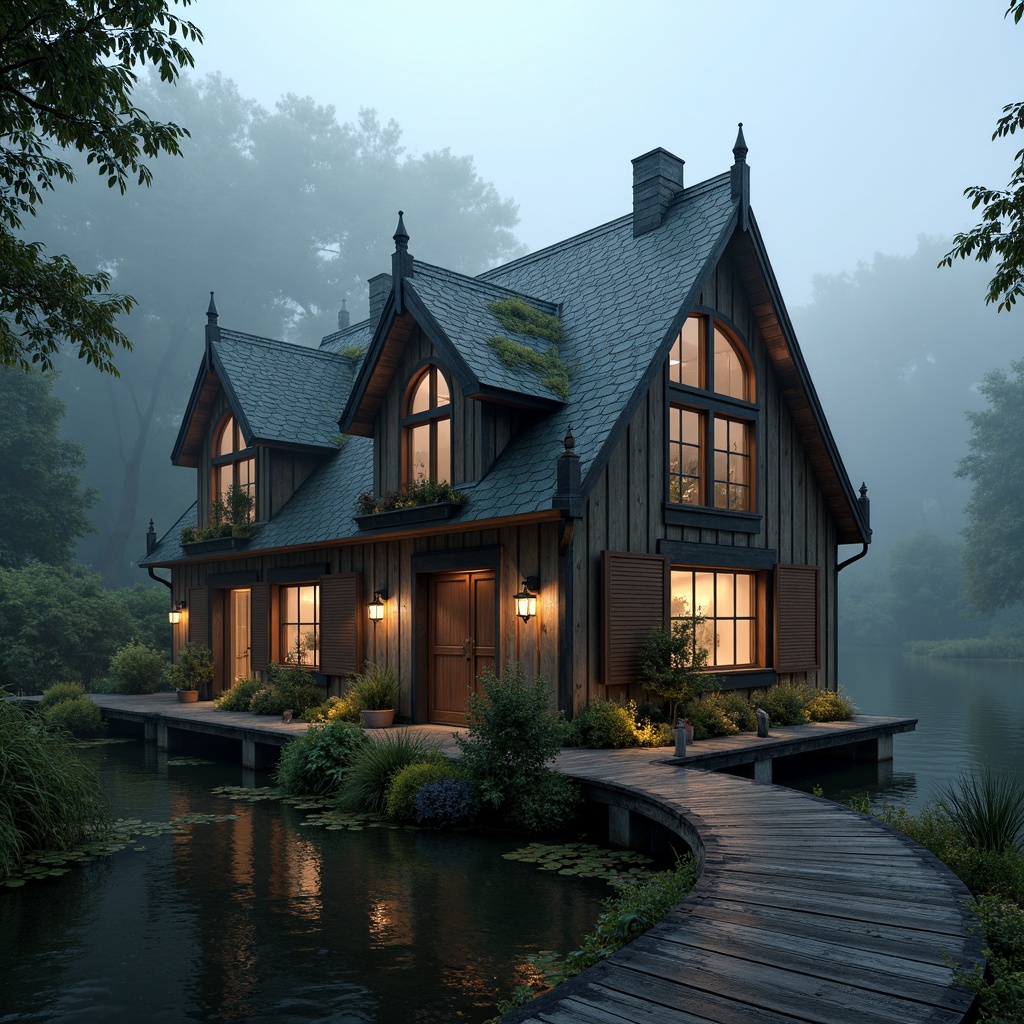 Prompt: Rustic boathouse, wooden dock, misty lake surroundings, mysterious fog, overgrown vegetation, Gothic-inspired pointed arches, intricate stone carvings, ornate metalwork, distressed wood textures, lantern-style lighting, wooden shutters, steeply pitched roofs, turrets, gargoyles, weathered copper accents, moss-covered walls, winding waterways, serene atmosphere, warm softbox lighting, shallow depth of field, 1/2 composition, atmospheric perspective.