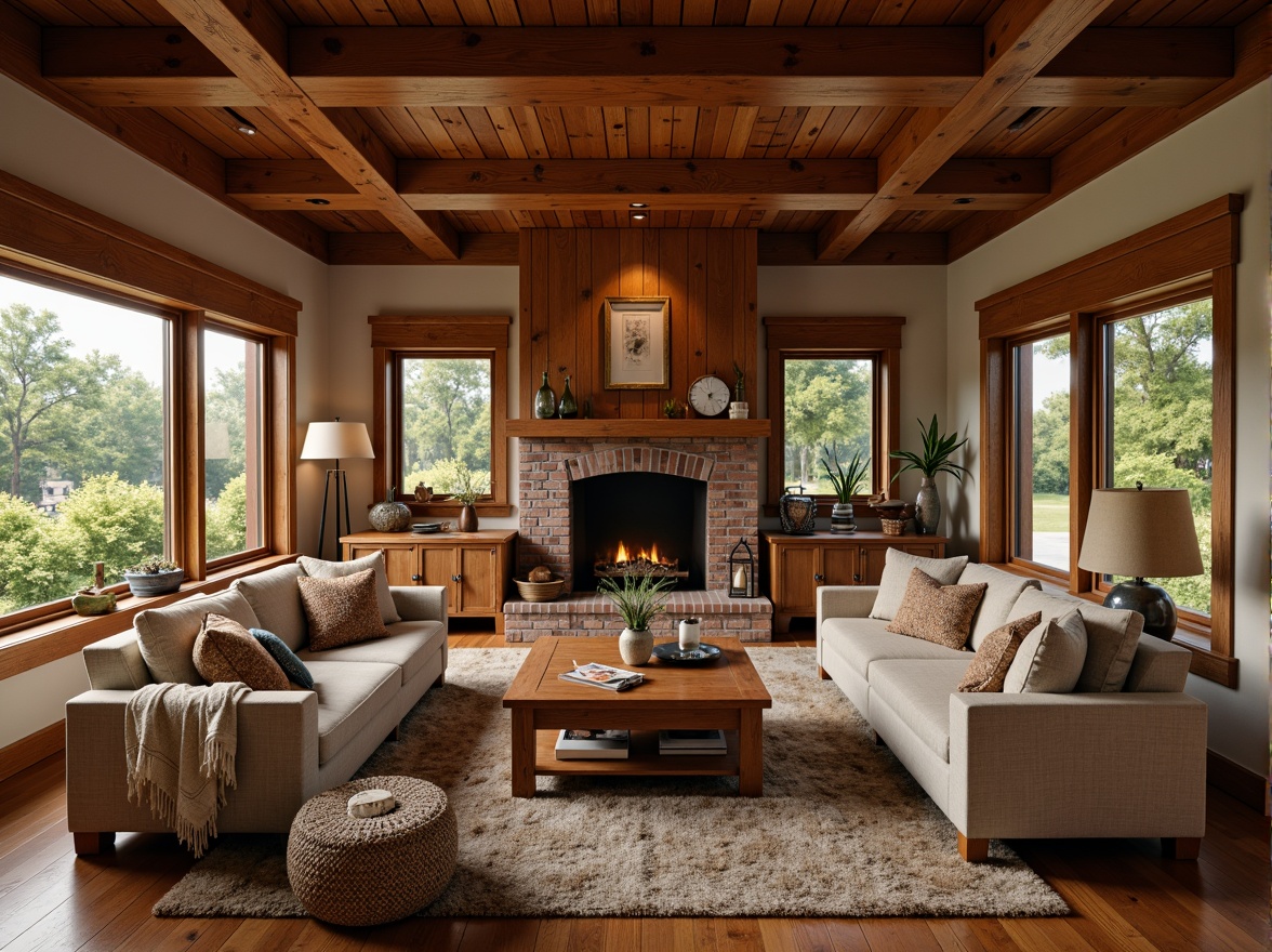 Prompt: Cozy family room, rustic woodwork accents, wooden paneling, craftsman-style furniture, earthy color palette, natural textiles, plush throw blankets, warm fireplace, vintage decorative items, wooden beams, exposed brick walls, traditional architectural details, inviting ambiance, soft warm lighting, shallow depth of field, 1/1 composition, realistic textures, ambient occlusion.