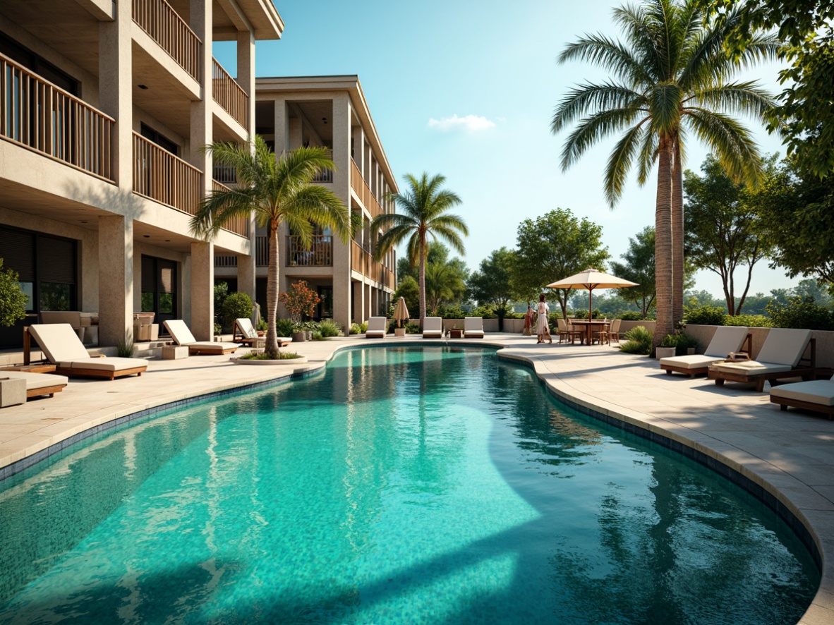 Prompt: Luxurious pool deck, sleek modern railings, crystal-clear water, ornate fountain features, natural stone coping, sun-kissed loungers, vibrant turquoise tiles, curved infinity edge, tropical palm trees, warm sunny day, soft focus background, 1/2 composition, dramatic spotlighting, realistic water ripples, ambient occlusion.