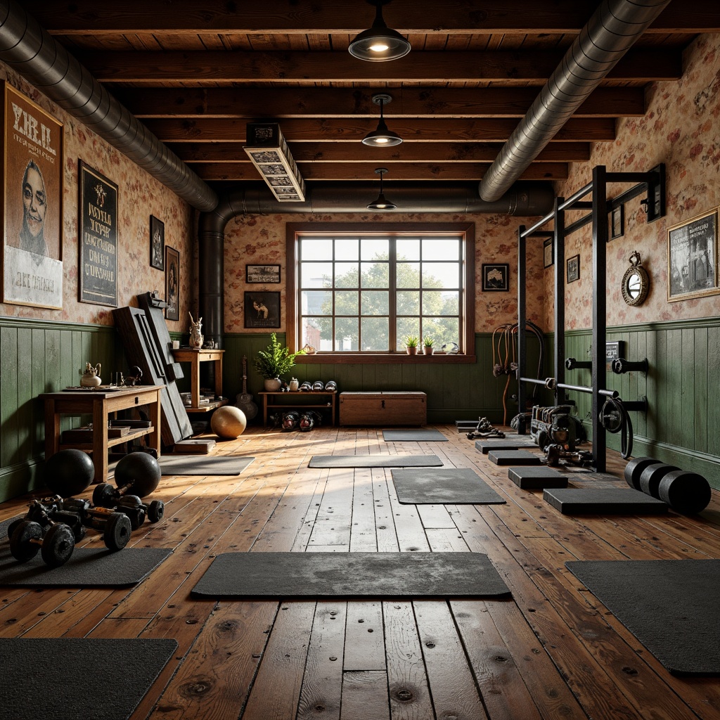 Prompt: Rustic home gym, distressed wooden floors, worn-out exercise mats, vintage dumbbells, old-school barbells, peeling paint walls, exposed brick textures, metal equipment frames, industrial-style lighting fixtures, dim warm ambiance, low-key color palette, bold expressive brushstrokes, dynamic composition, shallow depth of field, 1/2 composition, realistic materials, ambient occlusion.