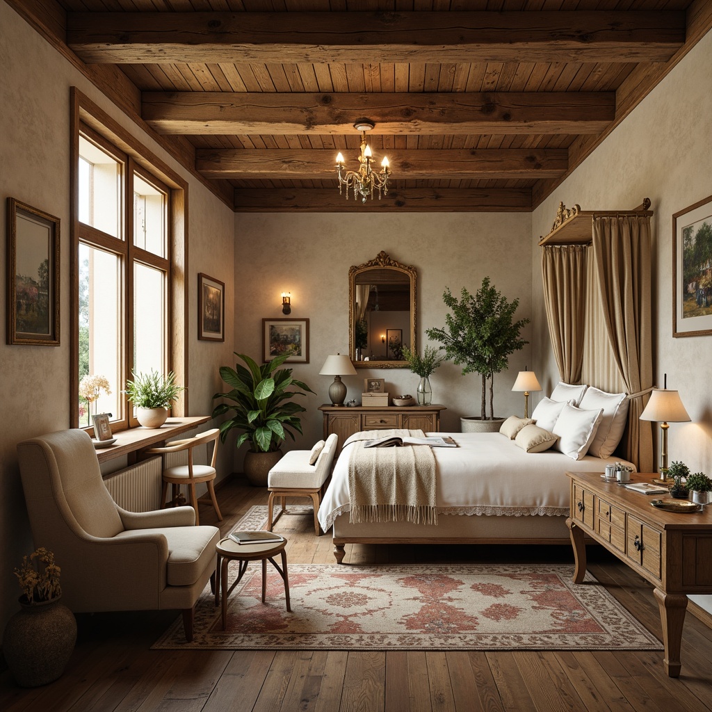 Prompt: Rustic wooden furniture, distressed finishes, soft golden lighting, plush velvet upholstery, ornate carvings, classic French country motifs, vintage decor accents, cozy study nooks, elegant chandeliers, limestone walls, wooden floorboards, soft pastel color palette, natural fabrics, delicate lace trimmings, romantic canopied beds, antique-inspired hardware, warm beige tones, comfortable reading areas, ornate mirrors, subtle wood grain textures, shallow depth of field, 3/4 composition, intimate atmosphere.