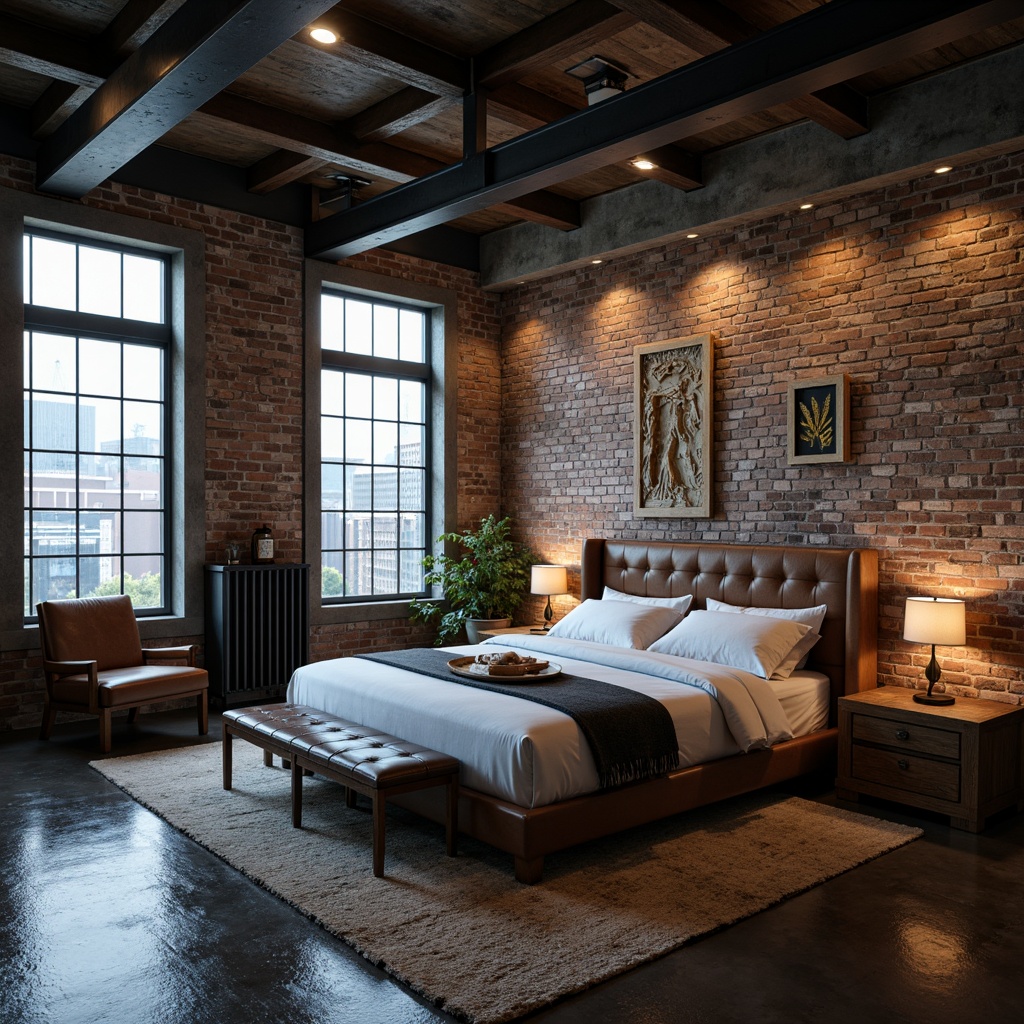 Prompt: Industrial bedroom, exposed brick walls, metal beams, reclaimed wood accents, minimalist decor, functional furniture, urban loft atmosphere, warm neutral tones, rich earthy hues, deep blues, industrial greys, worn leather textures, distressed metal finishes, vintage machinery parts, moody dramatic lighting, high contrast shadows, 3/4 composition, shallow depth of field, realistic wear and tear, atmospheric misting.