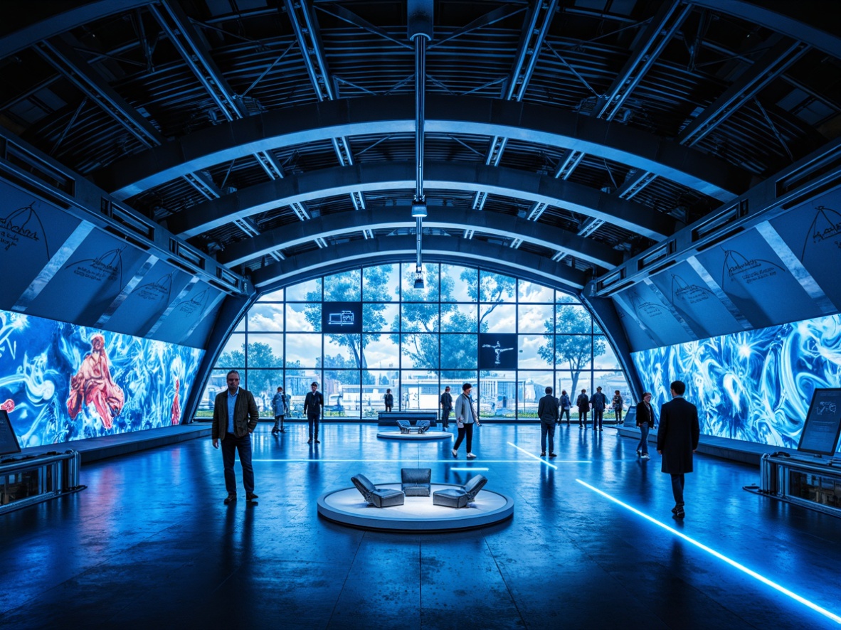 Prompt: Futuristic pavilion, sleek metallic framework, curved lines, minimalist aesthetic, transparent glass walls, LED lighting systems, holographic projections, interactive exhibits, virtual reality experiences, immersive environments, futuristic furniture, neon-lit floors, ambient soundscape, shallow depth of field, 1/1 composition, panoramic view, realistic reflections, ambient occlusion.