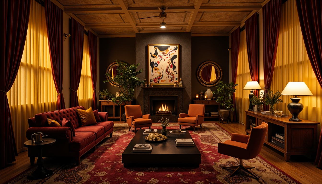 Prompt: Moody apartment interior, warm golden lighting, rich textures, bold color palette, eclectic furniture pieces, ornate decorations, lavish fabrics, velvet drapes, abstract art pieces, statement lighting fixtures, sculptural shapes, dramatic shadows, low-key ambient lighting, cinematic atmosphere, 1/2 composition, shallow depth of field, soft focus, warm white balance.