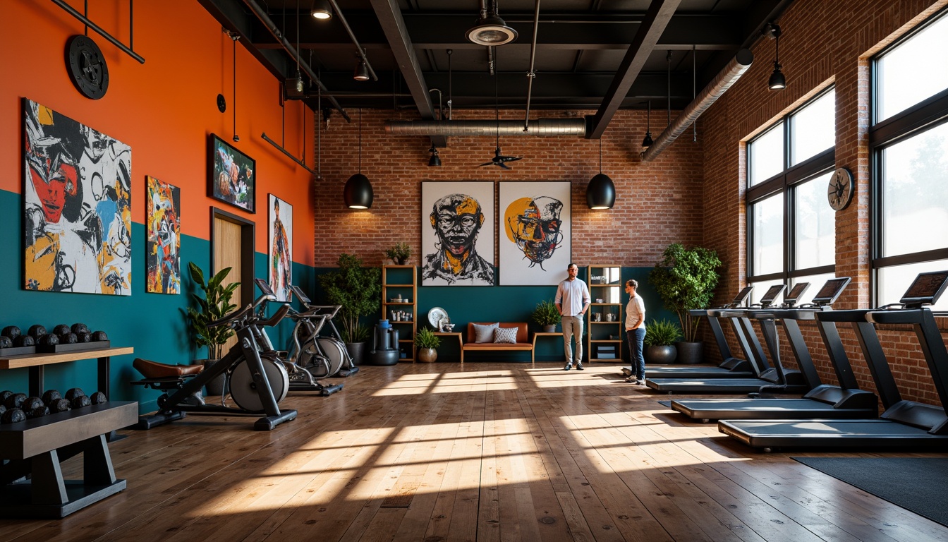 Prompt: Vibrant home gym, bold color scheme, abstract shapes, dynamic lighting, industrial equipment, heavy iron weights, modern treadmills, sleek exercise bikes, free-form dumbbells, artistic mannequins, distressed wooden floors, exposed brick walls, avant-garde sculptures, eclectic decorative patterns, expressionist artwork, low-angle shot, dramatic shadows, high-contrast lighting, 1/2 composition, shallow depth of field.