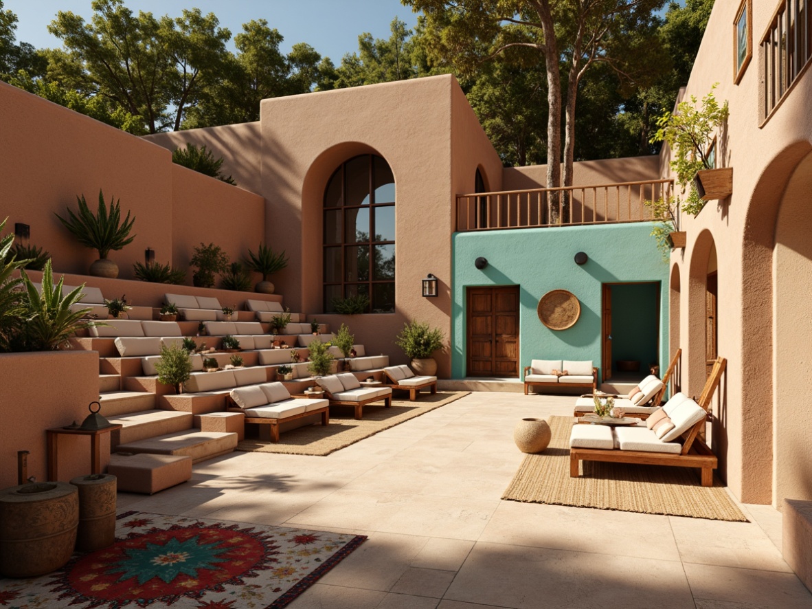 Prompt: Earthy tone amphitheater seating, warm beige stonewalls, turquoise accents, sandy flooring, woven textiles, natural fiber rugs, distressed wood furniture, rustic metal lanterns, vibrant southwestern patterns, geometric tile work, bold colorful ceramics, sunny day lighting, soft warm shadows, 1/1 composition, realistic textures, ambient occlusion.