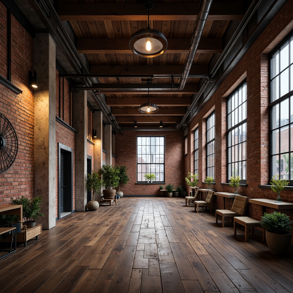 Prompt: Exposed brick walls, high ceilings, metal beams, reclaimed wood flooring, industrial-chic lighting fixtures, minimalist decor, open floor plan, warehouse gothic style, rustic wooden accents, vintage metal windows, distressed concrete columns, urban loft atmosphere, dramatic vertical space, soft warm lighting, shallow depth of field, 1/1 composition, cinematic view, realistic textures, ambient occlusion.