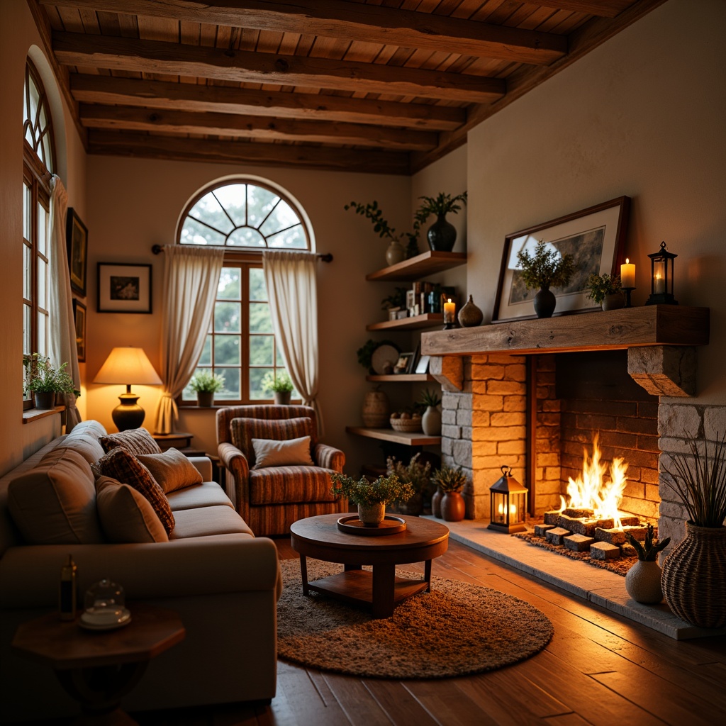 Prompt: Cozy family room, warm fireplace, crackling flames, rustic wooden mantel, stone surround, comfortable couches, soft cushions, plush throw blankets, warm beige walls, dimmed lighting, candles, lanterns, rich wood flooring, natural fiber rugs, vintage decorative items, earthy color palette, autumnal accents, inviting atmosphere, shallow depth of field, 1/1 composition, soft focus, warm golden lighting.