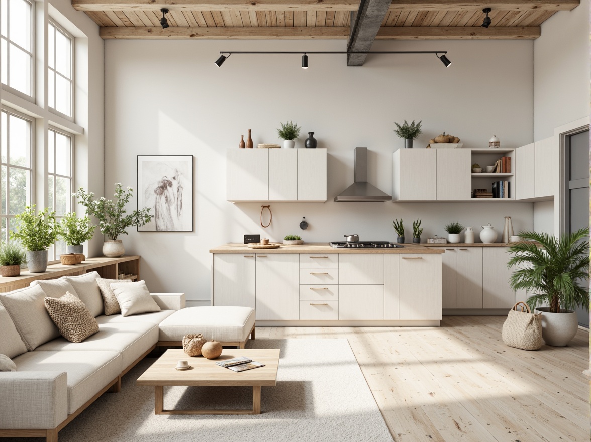 Prompt: Monochromatic interior, soft neutral tones, creamy whites, pale grays, taupe beige, minimalist decor, clean lines, simple shapes, subtle textures, natural materials, reclaimed wood accents, industrial metal fixtures, sparse greenery, potted plants, airy atmosphere, abundant natural light, soft warm glow, low-contrast color scheme, 1/1 composition, realistic renderings.