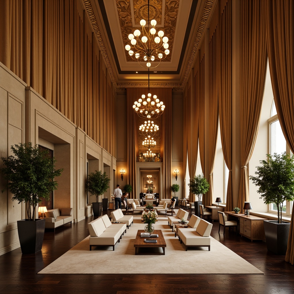 Prompt: Rich velvet drapes, luxurious gold accents, warm beige walls, soft cream furnishings, elegant chandeliers, sophisticated dark wood floors, refined marble countertops, lavish greenery, majestic high ceilings, ornate moldings, ambient warm lighting, shallow depth of field, 1/1 composition, realistic textures, subtle color grading.