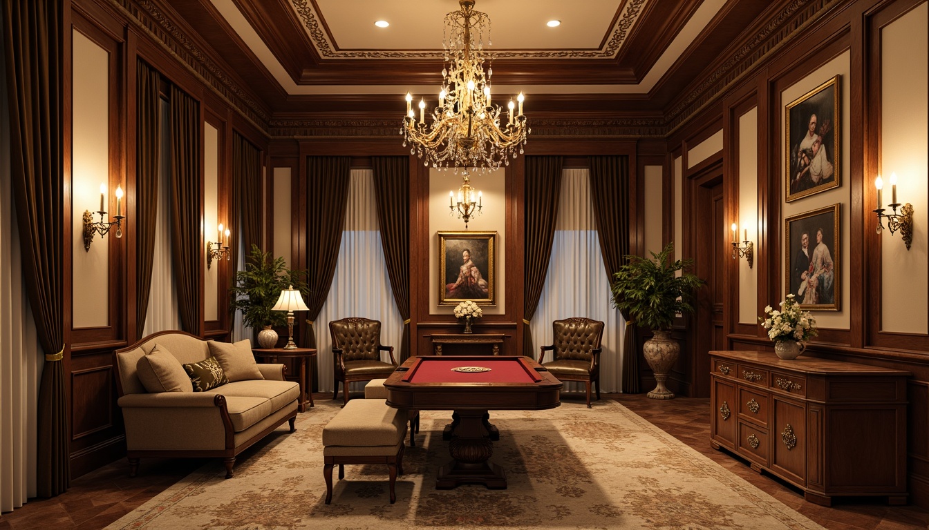 Prompt: Elegant game room, rich walnut wood paneling, ornate gold accents, soft cream-colored walls, velvet drapes, antique furniture, intricate carvings, subtle marble textures, warm candlelight, dramatic shadows, mysterious ambiance, Renaissance-inspired artwork, grand chandeliers, luxurious fabrics, subtle beige tones, classic architectural details, sophisticated color scheme, refined atmosphere.