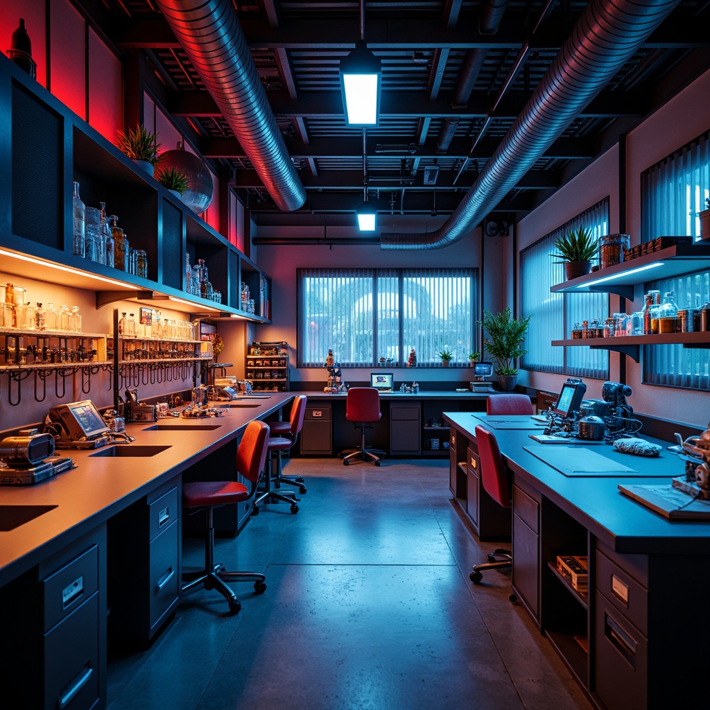 Prompt: Vibrant laboratory interior, futuristic equipment, sleek metal countertops, bold colored accents, dramatic overhead lighting, soft warm task lighting, LED strip lights, illuminated shelving, minimalist decor, industrial-chic aesthetic, high-contrast shadows, cinematic ambiance, moody color palette, avant-garde atmosphere, experimental vibe, 1/1 composition, low-key lighting, selective focus, shallow depth of field.