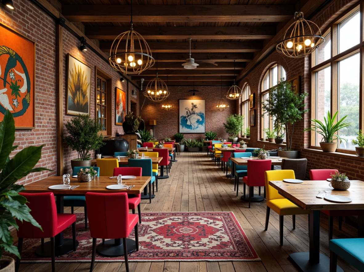 Prompt: Vibrant eclectic dining hall, distressed wooden tables, mismatched vintage chairs, bold colorful upholstery, ornate metal chandeliers, reclaimed wood flooring, exposed brick walls, abstract artwork, eclectic patterned rugs, potted greenery, warm ambient lighting, shallow depth of field, 1/1 composition, realistic textures, soft focus effect.