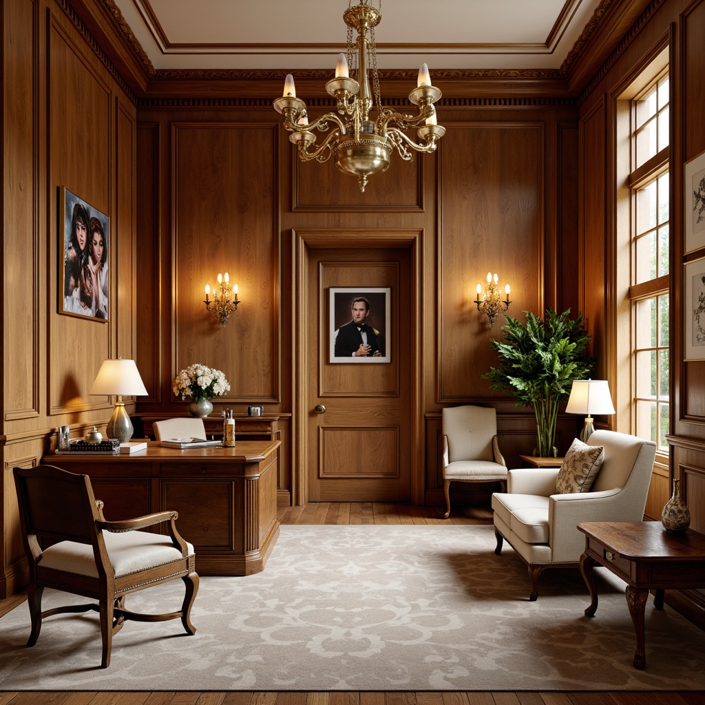 Prompt: Rich wood paneling, ornate moldings, luxurious fabrics, classic furniture pieces, leather executive chairs, polished wooden desks, antique accessories, warm beige colors, soft cream textures, vintage-inspired lighting fixtures, elegant chandeliers, sophisticated wall art, refined metallic accents, premium quality materials, subtle patterned rugs, formal atmosphere, high-end finishes, detailed trim work, warm golden lighting, shallow depth of field, 2/3 composition, realistic reflections.