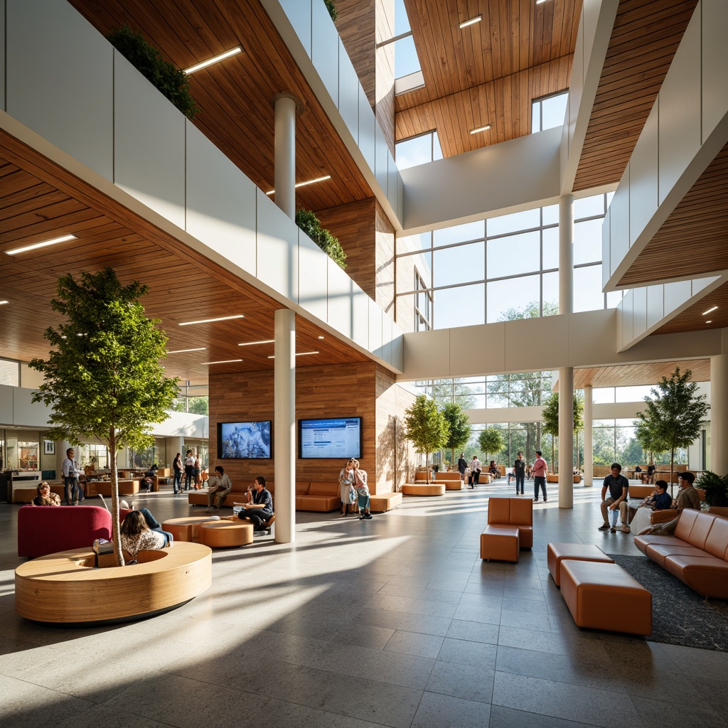 Prompt: Vibrant community center, spacious interior, natural light, wooden accents, cozy seating areas, interactive exhibits, engaging multimedia displays, collaborative workspaces, flexible modular furniture, airy atmosphere, soft warm lighting, shallow depth of field, 3/4 composition, panoramic view, realistic textures, ambient occlusion.