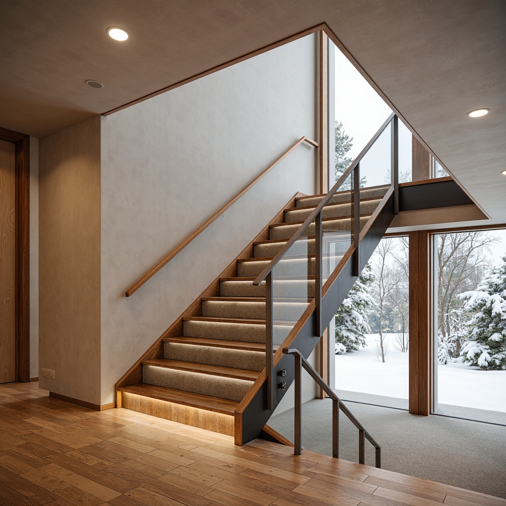 Prompt: Modern Scandinavian staircase, sleek minimalist handrails, stainless steel tubing, warm wood accents, Nordic-inspired geometric patterns, subtle LED lighting, gentle curves, open risers, natural oak treads, soft carpeting, cozy ambiance, warm beige walls, large windows, snowy winter day, soft diffused lighting, shallow depth of field, 1/1 composition, realistic textures, ambient occlusion.