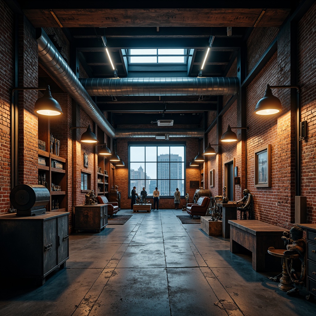 Prompt: Exposed brick walls, distressed metal accents, industrial-style lighting fixtures, reclaimed wood textures, urban cityscape backdrop, moody atmospheric lighting, dramatic shadows, neutral color palette with pops of deep blues and rusty reds, weathered concrete floors, functional metal pipes, vintage manufacturing equipment, gritty urban ambiance, cinematic composition, high contrast ratio, bold graphic elements.