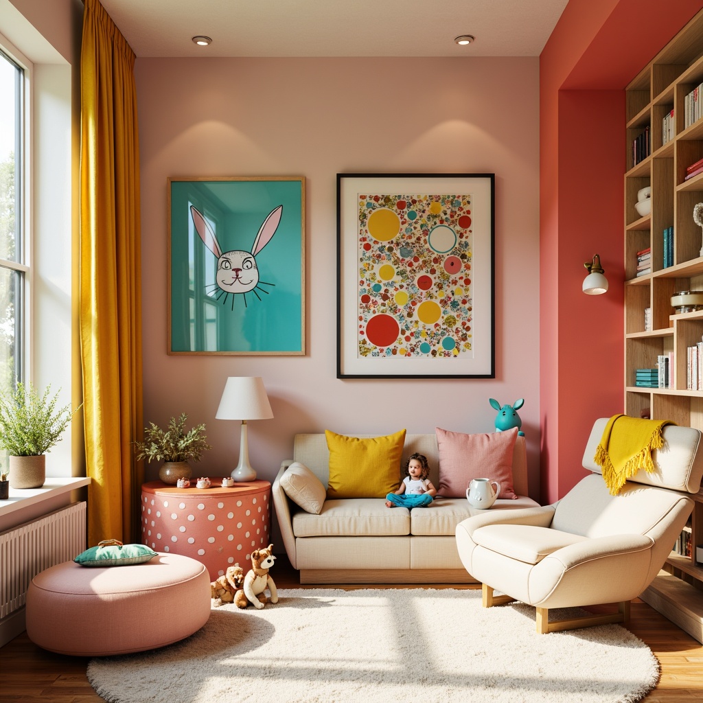 Prompt: Vibrant kids' room, expressive artwork, whimsical furniture, bold color palette, bright coral walls, turquoise accents, sunshine yellow curtains, creamy white furniture, playful polka dots, soft plush toys, cozy reading nook, modern minimalist shelving, abstract geometric patterns, eclectic decorative objects, warm golden lighting, shallow depth of field, 1/1 composition, realistic textures.