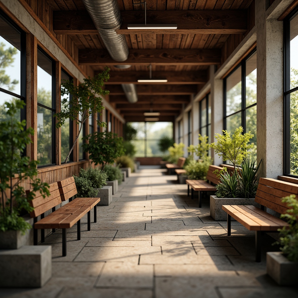 Prompt: Rustic bus station, vernacular style seating area, wooden benches, metal frames, distressed finishes, earthy tones, natural stone flooring, lush greenery, potted plants, industrial lighting fixtures, exposed ductwork, concrete columns, warm ambient lighting, shallow depth of field, 1/1 composition, realistic textures, ambient occlusion.Please let me know if this meets your expectations!