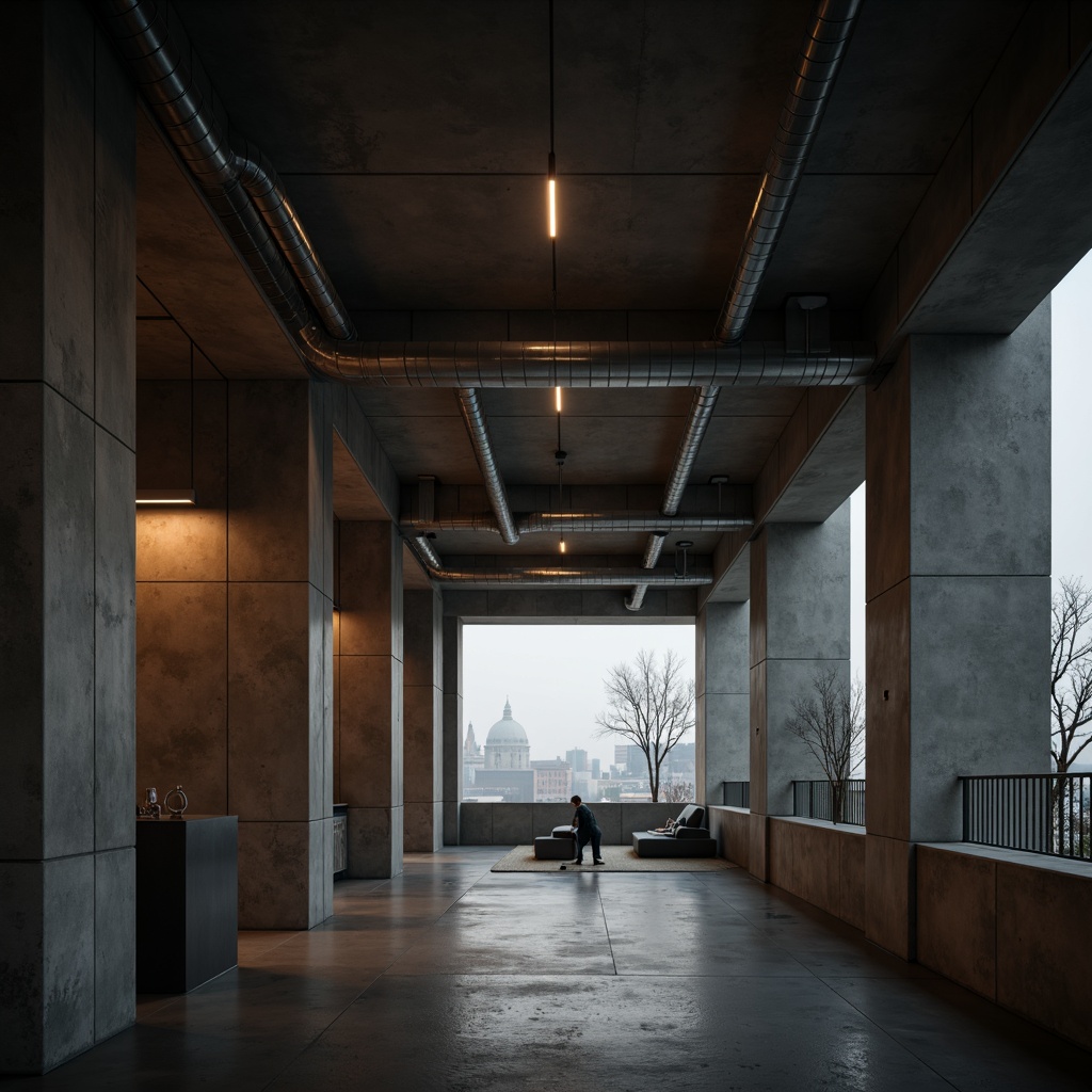 Prompt: Raw concrete walls, brutalist architecture, dramatic shadows, warm ambient lighting, industrial metal fixtures, exposed ductwork, minimalist decor, urban cityscape, overcast sky, soft box lighting, high contrast ratios, cinematic mood, low-key illumination, architectural highlights, subtle color temperatures, functional task lighting, atmospheric fog effects, symmetrical compositions, stark silhouettes, monochromatic tones.