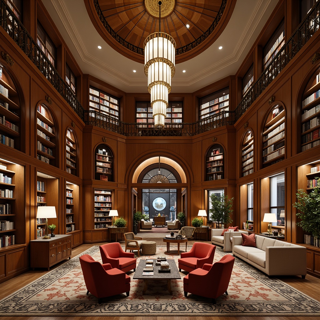 Prompt: Luxurious bookstore, art deco style furniture, rich wood tones, metallic accents, ornate decorations, geometric patterns, opulent chandeliers, velvet armchairs, marble coffee tables, bronze bookshelves, curved staircase, grand entrance, high ceilings, dramatic lighting, warm color palette, comfortable reading nooks, sophisticated ambiance, 1920s inspiration, glamorous atmosphere, soft focus, shallow depth of field, 2/3 composition, ornate moldings, lavish textiles.