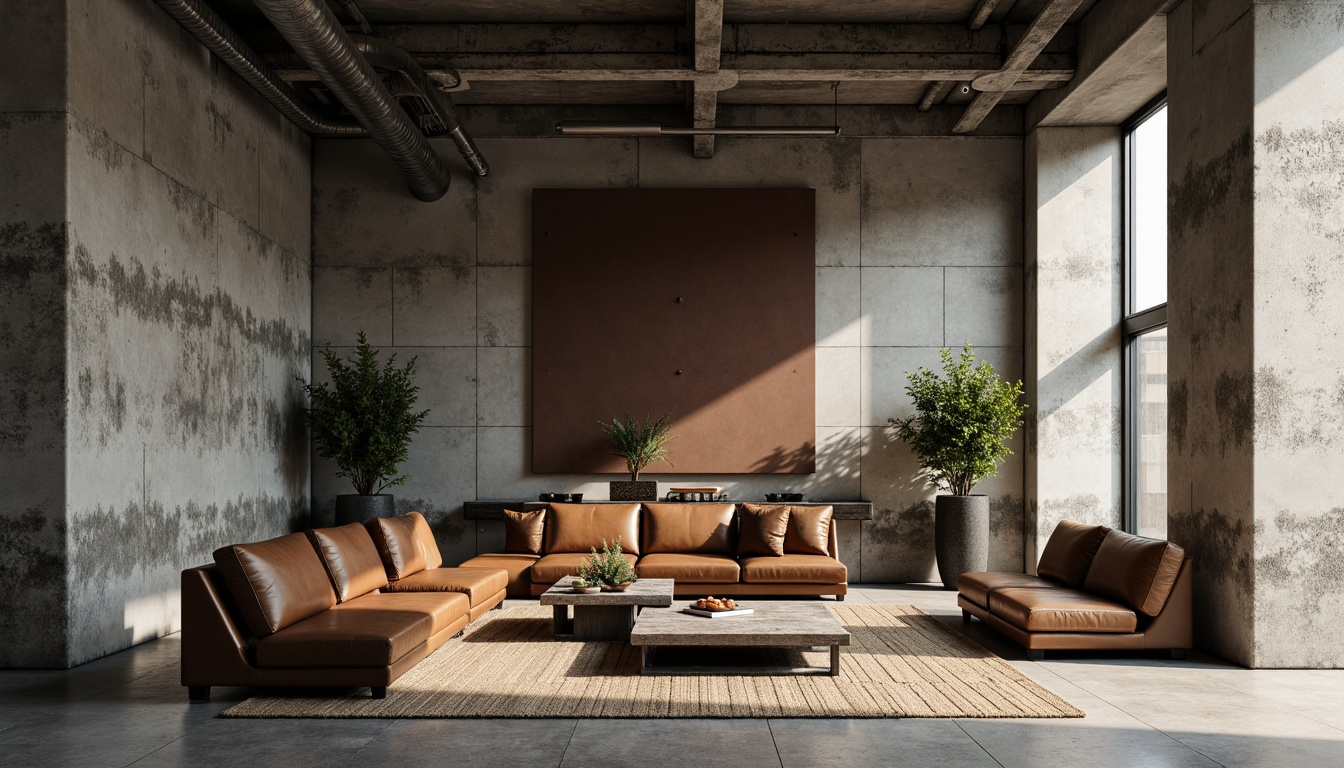 Prompt: Brutalist interior, raw concrete walls, exposed ductwork, industrial metal beams, minimalist decor, monochromatic color scheme, muted earth tones, weathered wood accents, bold black lines, rugged stone floors, distressed leather furniture, warm ambient lighting, cinematic shadows, 1/1 composition, dramatic high contrast.