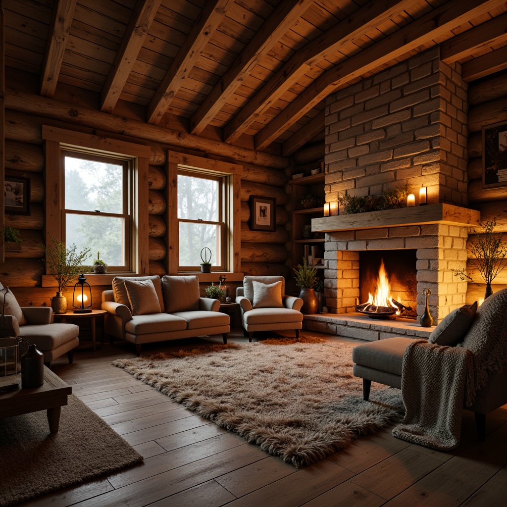 Prompt: Rustic wooden cabin, warm candlelight, flickering fireplace, vintage metal lanterns, distressed wood accents, earthy color palette, natural stone walls, cozy throw blankets, plush area rugs, soft warm glow, warm beige tones, ambient shadowing, 1/1 composition, shallow depth of field, realistic textures, atmospheric mist.