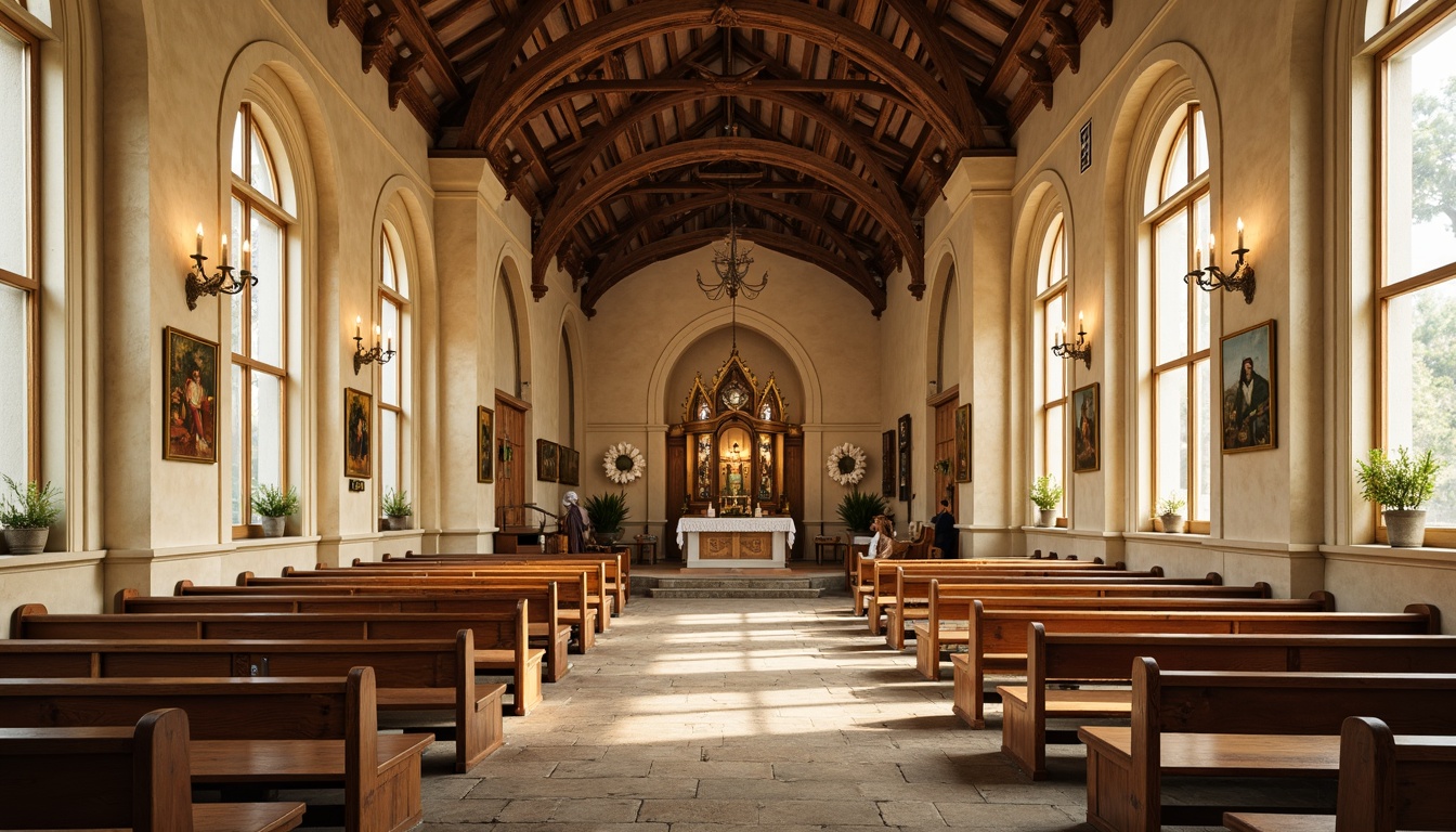 Prompt: Vintage church interior, distressed wooden pews, ornate altar, soft golden lighting, warm beige walls, creamy white accents, elegant chandeliers, delicate lace details, floral patterns, pastel hues, muted earth tones, weathered stone floors, rustic wooden beams, gentle natural light, serene atmosphere, subtle texture overlays, 1/1 composition, shallow depth of field, realistic materials, ambient occlusion.