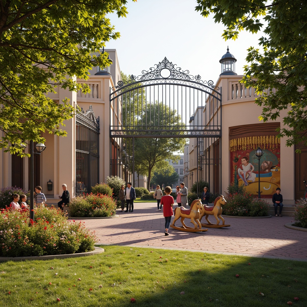 Prompt: Whimsical kindergarten playground, vintage-inspired architectural details, ornate ironwork, grand entrance gates, colorful flowerbeds, antique-style street lamps, intricate brick patterns, wooden rocking horses, traditional carousel rides, hand-painted murals, plush green grass, sunny afternoon, warm golden lighting, shallow depth of field, 1/2 composition, intimate focus, realistic textures, ambient occlusion.