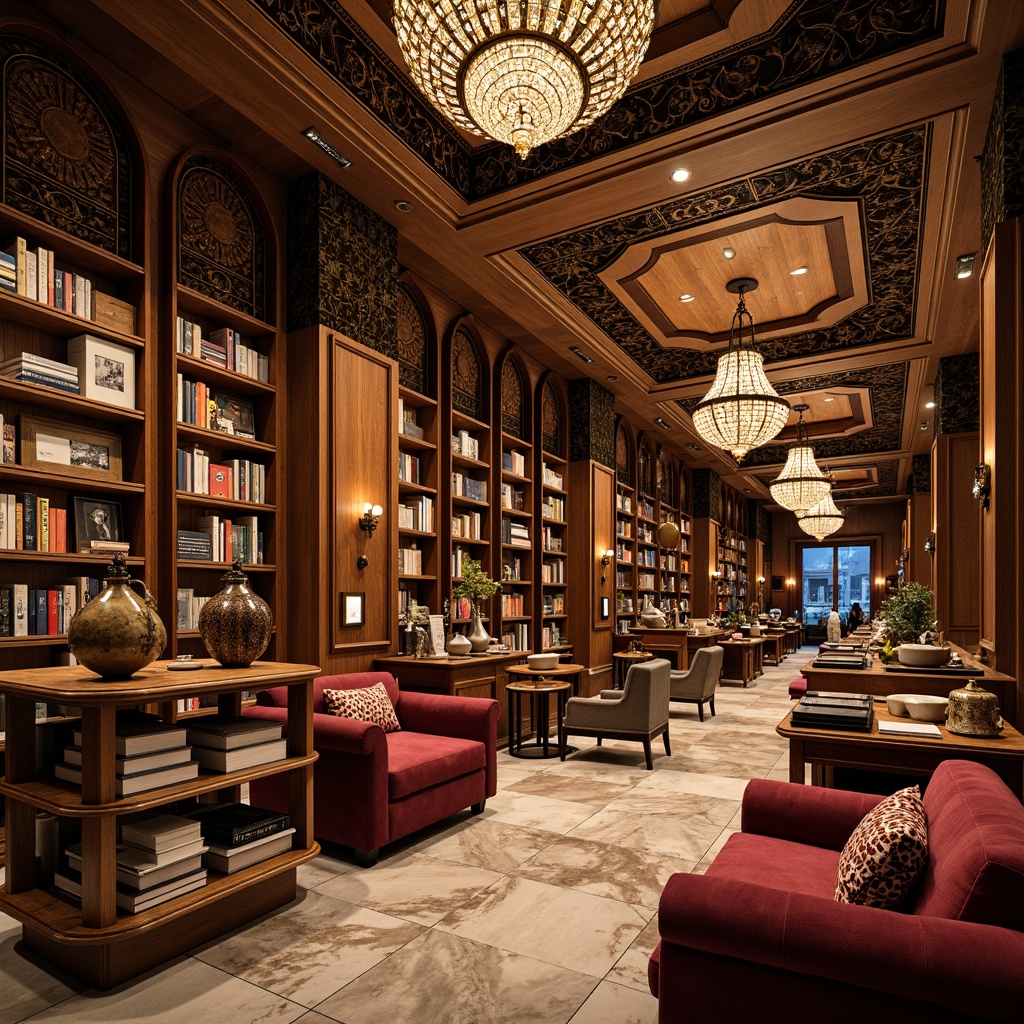 Prompt: Luxurious bookstore, rich wood tones, ornate metalwork, geometric patterns, bold colors, lavish lighting fixtures, velvet upholstery, curved lines, opulent furnishings, intricately carved wooden shelves, ornamental vases, glamorous chandeliers, polished marble floors, soft warm glow, 1/2 composition, shallow depth of field, warm color palette, inviting atmosphere, classic Art Deco accents.