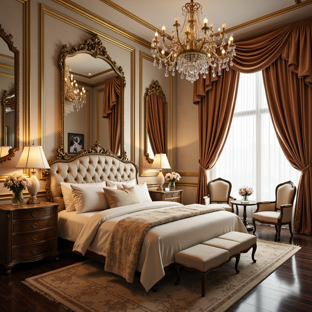 Prompt: Luxurious boudoir, ornate furnishings, gilded mirrors, velvet drapes, intricate carvings, curved lines, scalloped edges, delicate filigree, soft pastel hues, lavish textiles, tufted upholstery, crystal chandeliers, marble accents, French provincial architecture, lavish bedding, plush area rugs, warm golden lighting, shallow depth of field, 1/1 composition, soft focus, romantic ambiance.